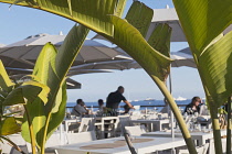 France, Provence-Alpes-Cote d'Azur, Antibes, Juan-les-Pins, Beach front restaurant and bar.