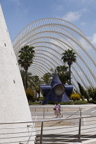 Spain, Valencia Province, Valencia, Ciutat de les Arts i les Ciencies, City of Arts and Sciences, Modern architectural complex designed by Santiago Calatrava and Felix Candela, L'Umbracle, built over...