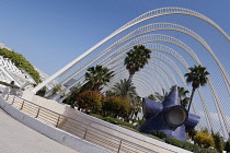 Spain, Valencia Province, Valencia, Ciutat de les Arts i les Ciencies, City of Arts and Sciences, Modern architectural complex designed by Santiago Calatrava and Felix Candela, L'Umbracle, built over...