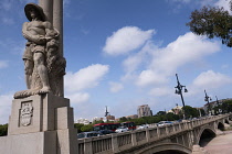 Spain, Valencia Province, Valencia, Puente del Reino Trinidad bridge across the Gardens of Turia, detail of carving.