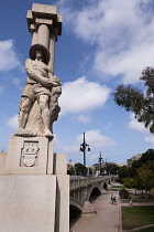 Spain, Valencia Province, Valencia, Puente del Reino Trinidad bridge across the Gardens of Turia, detail of carving.