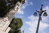 Spain, Valencia Province, Valencia, Puente del Reino Trinidad bridge across the Gardens of Turia, detail of carving.