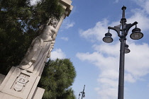 Spain, Valencia Province, Valencia, Puente del Reino Trinidad bridge across the Gardens of Turia, detail of carving.