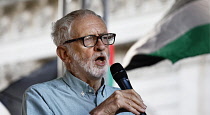 England, London, Whitehall, 5th October 2024. Jeremy Corbyn, Independent MP for Islington North speaking at a pro-palestinian rally outside Downing Street.