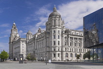 England, Lancashire, Liverpool, Pier Head, Group of buildings known collectively as The 3 Graces consisting of the Royal Liver Building, The Cunard Building and the Port of Liverpool Building.