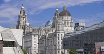 England, Lancashire, Liverpool, Pier Head, Group of buildings known collectively as The 3 Graces consisting of the Royal Liver Building, The Cunard Building and the Port of Liverpool Building.