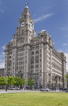 England, Lancashire, Liverpool, Pier Head, The 3 Graces, The Royal Liver Building which along with the neighbouring Cunard Building and Port of Liverpool Building is one of Liverpool's Three Graces li...