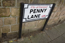 England, Lancashire, Liverpool, Magical Mystery bus tour, Penny Lane road sign located in an area that featured in the Beatles single of the same name in February 1967.