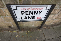 England, Lancashire, Liverpool, Magical Mystery bus tour, Penny Lane road sign located in an area that featured in the Beatles single of the same name in February 1967.