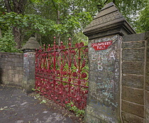 England, Lancashire, Liverpool, Magical Mystery bus tour, Strawberry Field gate belonging to a former children's home that gained fame from the 1967 Beatles single Strawberry Fields Forever written by...