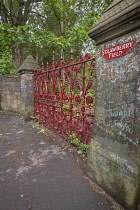 England, Lancashire, Liverpool, Magical Mystery bus tour, Strawberry Field gate belonging to a former children's home that gained fame from the 1967 Beatles single Strawberry Fields Forever written by...