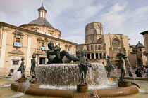 Spain, Valencia Province, Valencia, Ciutat Vella, Old Town, Plaza de la Virgen, Basilica Nuestra Senora de los Desamparados and Cathedral.