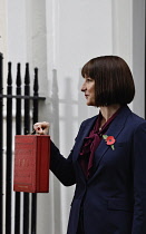 England, London, Westminster, Downing Street, 30th October 2024, Rachel Reeves MP, First ever female chancellor of the exchequer  with the budget in the despatch box.