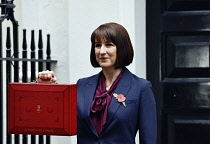 England, London, Westminster, Downing Street, 30th October 2024, Rachel Reeves MP, First ever female chancellor of the exchequer  with the budget in the despatch box.