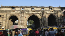 India, Gujarat, Ahmedabad, Arches of Teen Gate in the Lal Darwaja bazaar district market.