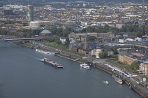 Germany, North Rhine-Westphalia, Dusseldorf, View of the waterfront Promenade from the Rheinturm or Rhine Tower which is the city's tallest building.