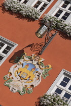 Germany, Hesse, Idstein, Rathaus or Town Hall dating from 1698 but rebuilt in 1934 after a rockslide destoyed it, the town's coat of arms.