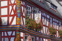 Germany, Hesse, Idstein, Half timbered Gasthaus Zur Peif  decorated with flower boxes in the Altstadt or Old Town area.