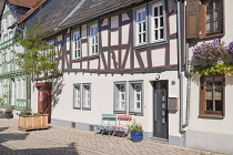 Germany, Hesse, Idstein, Colourful half timbered house in the Altstadt or town centre.