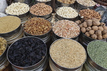 India, Tamil Nadu, Hyderabad, Display of dried fruits and nuts in the market.