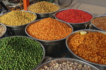 India, Tamil Nadu, Hyderabad, Display of chick peas, nuts etc at snack food stall.