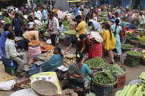 India, Tamil Nadu, Hyderabad, Busy vegetable market scene.