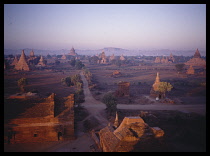 Myanmar, Pagan, Aerial view over ruins at dawn .