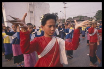 Thailand, Chiang Mai , Songkrang water festival Dancers with long fingernails .