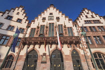 Germany, Hesse, Frankfurt, Altstadt Old Town, Romerberg   Facade of Haus Romer or the City Hall with balcony and flags.