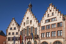 Germany, Hesse, Frankfurt, Altstadt Old Town, Romerberg   Facade of Haus Romer or the City Hall with balcony and flags.