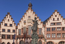 Germany, Hesse, Frankfurt, Altstadt Old Town, Romerberg  square featuring the Romer building complex with the fountain and Statue of Justice in the foreground.