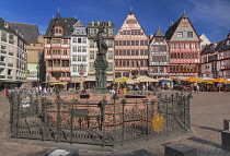 Germany, Hesse, Frankfurt, Altstadt Old Town, Romerberg, the square's east side known as the Ostzeile features a row of six houses which were reconstructed from their original 15th and 16th century st...