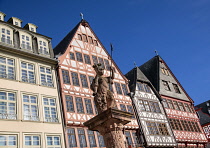 Germany, Hesse, Frankfurt, Altstadt Old Town, Romerberg, the square's east side known as the Ostzeile features a row of six houses which were reconstructed from their original 15th and 16th century st...