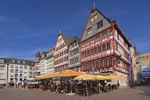 Germany, Hesse, Frankfurt, Altstadt Old Town, Romerberg, the square's east side known as the Ostzeile features a row of six houses which were reconstructed from their original 15th and 16th century st...