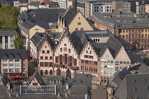 Germany, Hesse, Frankfurt, Altstadt Old Town, Romerberg  square with post WW2 restored buildings including Haus Romer the City Hall seen from the viewing tower of Frankfurt Cathedral.