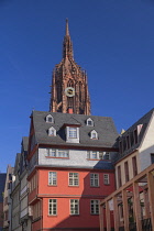 Germany, Hesse, Frankfurt, New Old Town, view up Markt towards Frankfurt Cathedral tower.