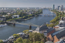 Germany, Hesse, Frankfurt, view of the Main river and the pedestrian Eiserner Steg bridge from the tower of the post WW2 restored Frankfurt Cathedral or Frankfurter Dom, the Imperial Cathedral of Sain...