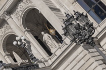 Germany, Hesse, Frankfurt, Alte Oper or the Old Opera House concert hall built in 1880 which was destroyed by bombs in 1944 and rebuilt in the 1970's before being opened in 1981, facade detail viewed...