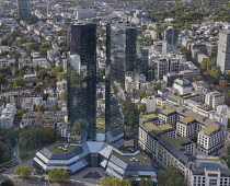 Germany, Hesse, Frankfurt, Deutsche Bank twin towers, view from the 56 storey Main Tower skyscraper in the Financial District.