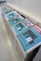 England, West Sussex, Bognor Regis,  Display of newspapers in supermarket showing front page protest against Government siding with technology companies over creativity and AI. Make it Fair campaign u...