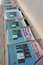 England, West Sussex, Bognor Regis,  Display of newspapers in supermarket showing front page protest against Government siding with technology companies over creativity and AI. Make it Fair campaign u...